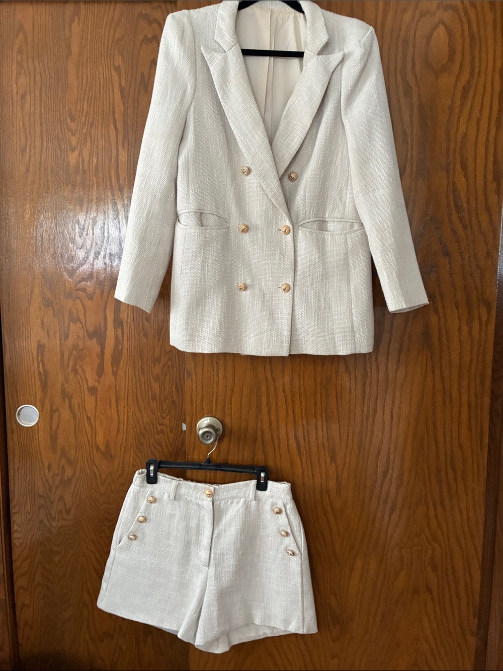 Women's Cream Double-Breasted Tweed Blazer and Shorts Set